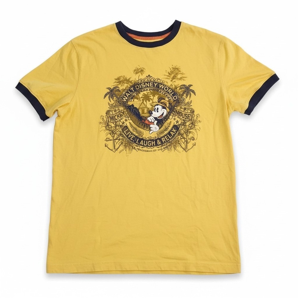 Disney Parks Mickey Mouse Ringer T-Shirt Yellow Live Laugh Relax Mens Medium